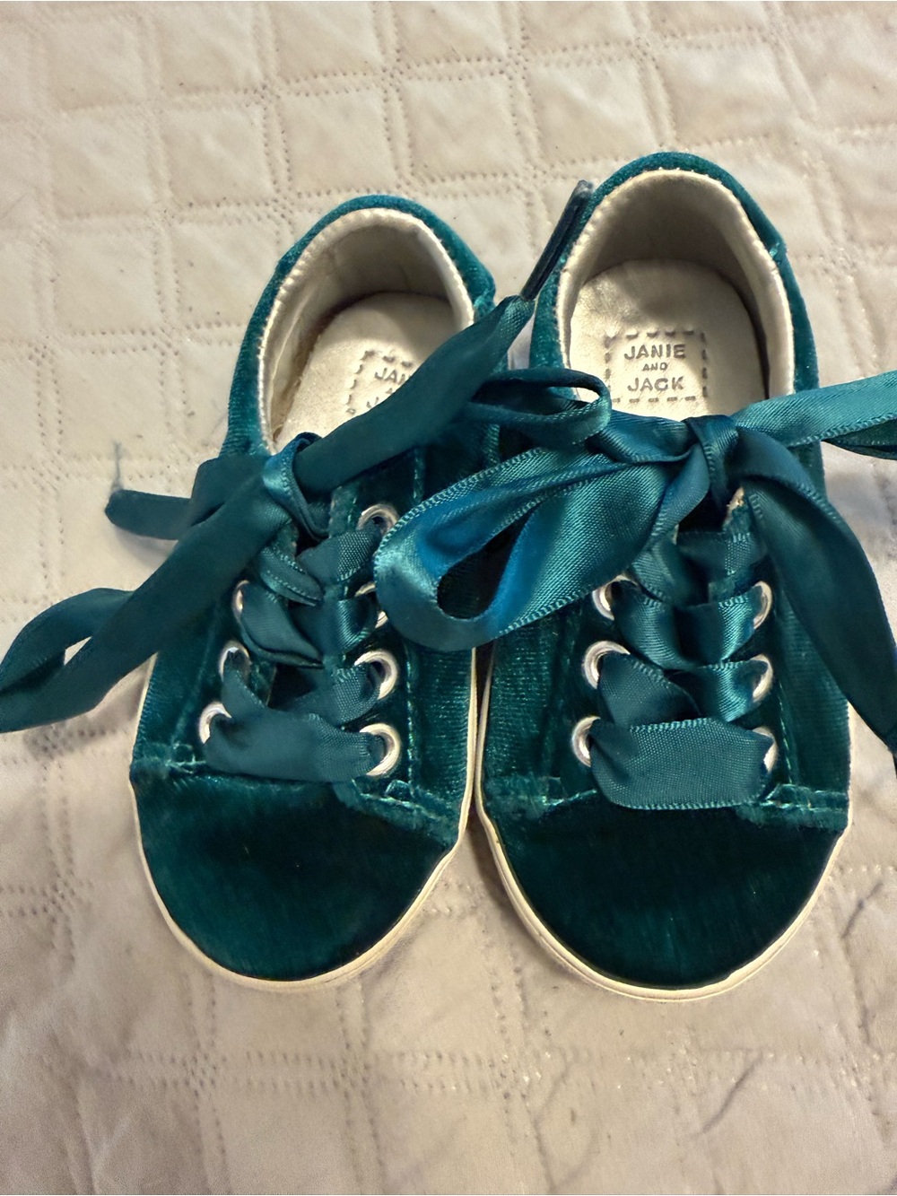 Janie and Jack Teal Velvet Sneakers with Satin Ribbon Laces
